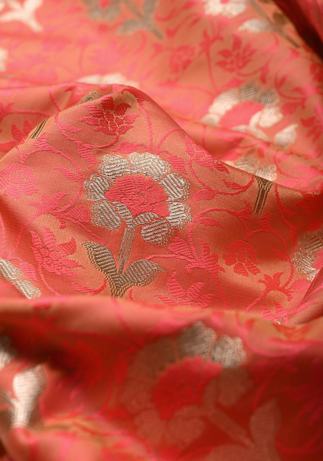 Salmon Orange Floral Jaal  Semi Mashru Silk Unstitched Salwar Suit Set | SHOBITAM
