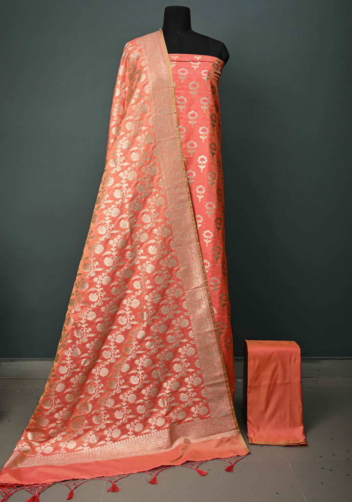 Salmon Orange Floral Jaal  Semi Mashru Silk Unstitched Salwar Suit Set | SHOBITAM