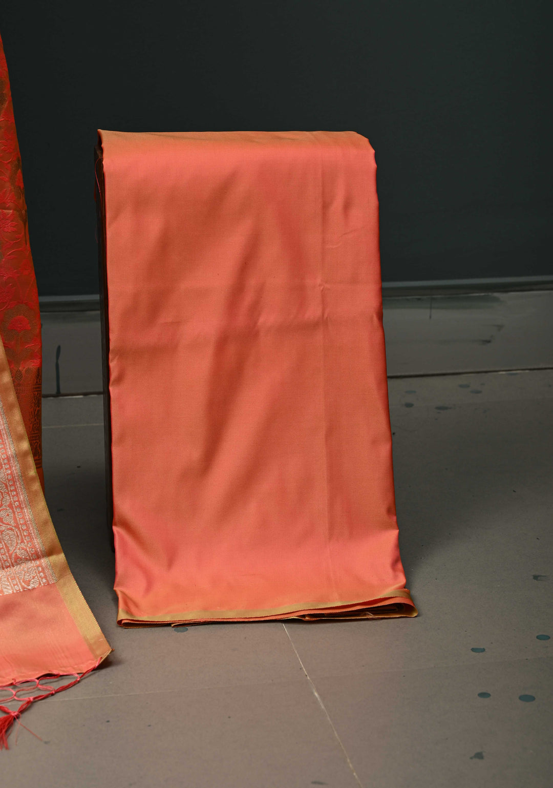 Salmon Orange Floral Jaal  Semi Mashru Silk Unstitched Salwar Suit Set | SHOBITAM