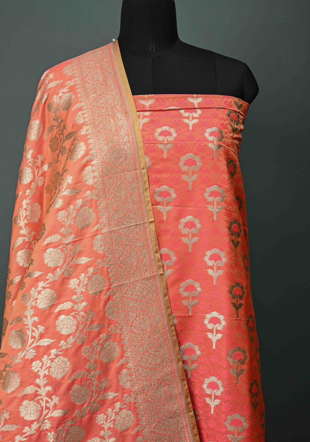 Salmon Orange Floral Jaal  Semi Mashru Silk Unstitched Salwar Suit Set | SHOBITAM