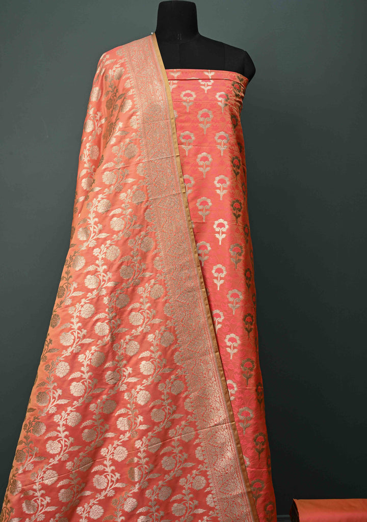 Salmon Orange Floral Jaal  Semi Mashru Silk Unstitched Salwar Suit Set | SHOBITAM