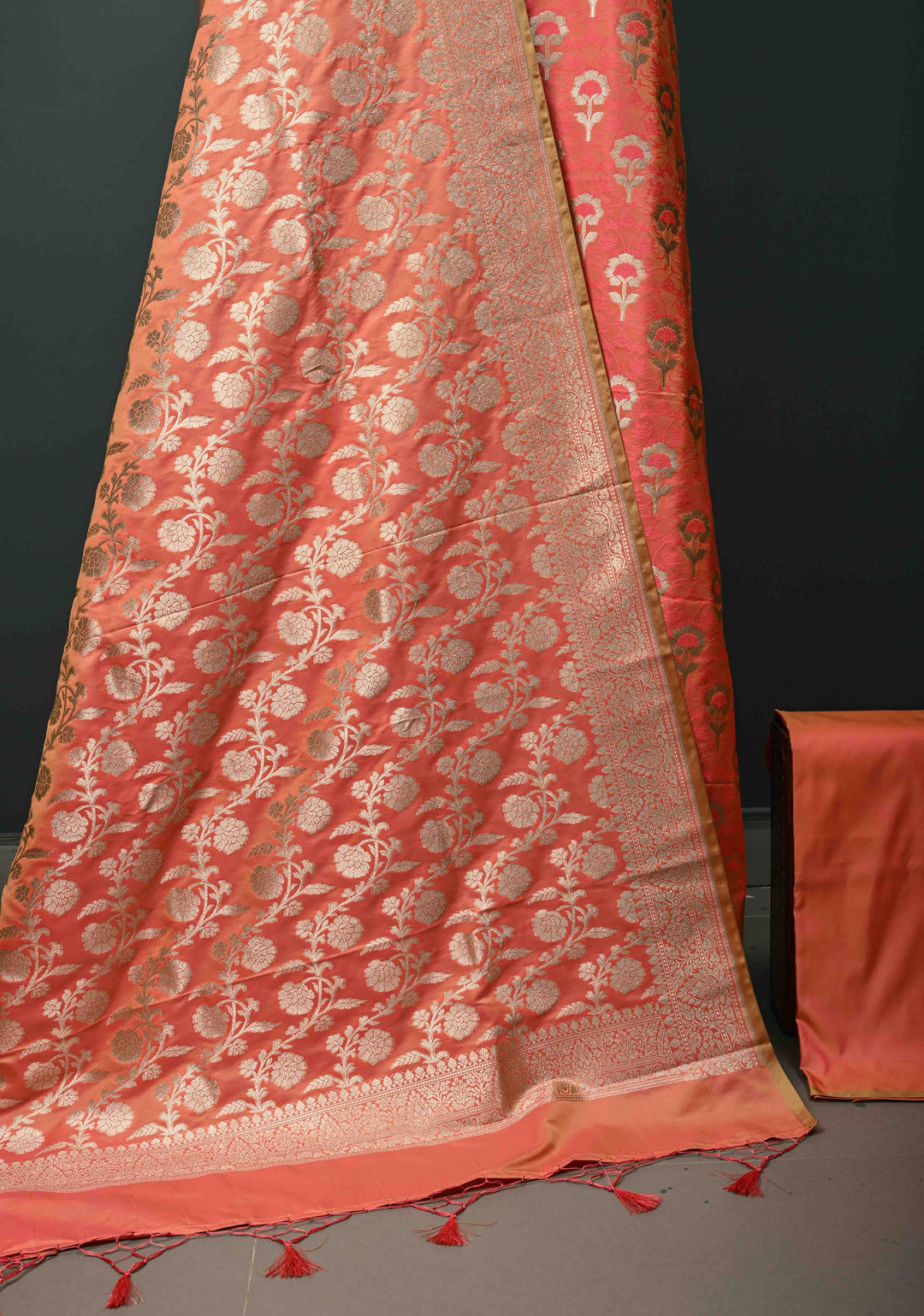 Salmon Orange Floral Jaal  Semi Mashru Silk Unstitched Salwar Suit Set | SHOBITAM