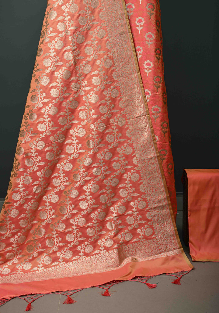 Salmon Orange Floral Jaal  Semi Mashru Silk Unstitched Salwar Suit Set | SHOBITAM