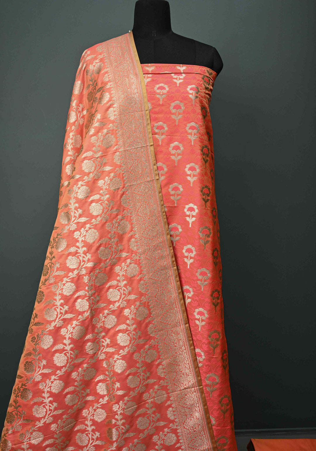 Salmon Orange Floral Jaal  Semi Mashru Silk Unstitched Salwar Suit Set | SHOBITAM