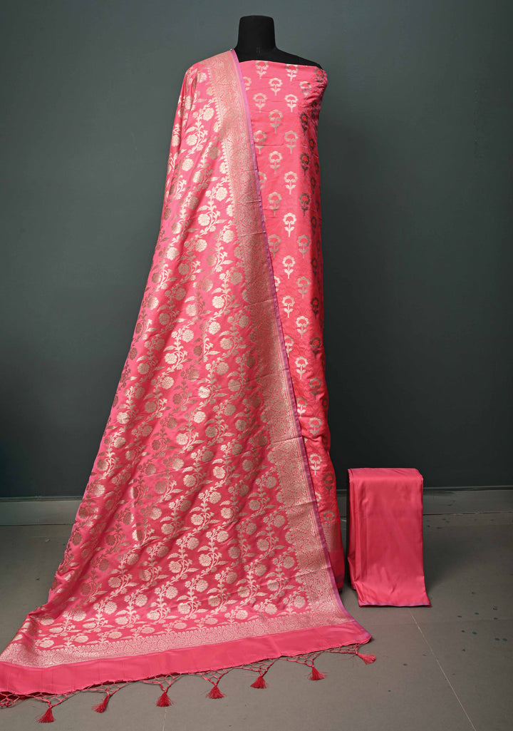 French Rose Semi Mashru Silk Unstitched Salwar Suit Set | SHOBITAM