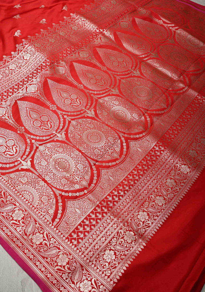 Blood Red Banarasi Semi Mashru Silk Saree with Silver Floral Zari Buttas and Zari Border | SHOBITAM