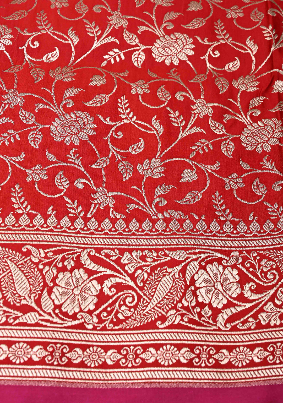 Blood Red Banarasi Semi Mashru Silk Saree with Silver Floral Zari Buttas and Zari Border | SHOBITAM