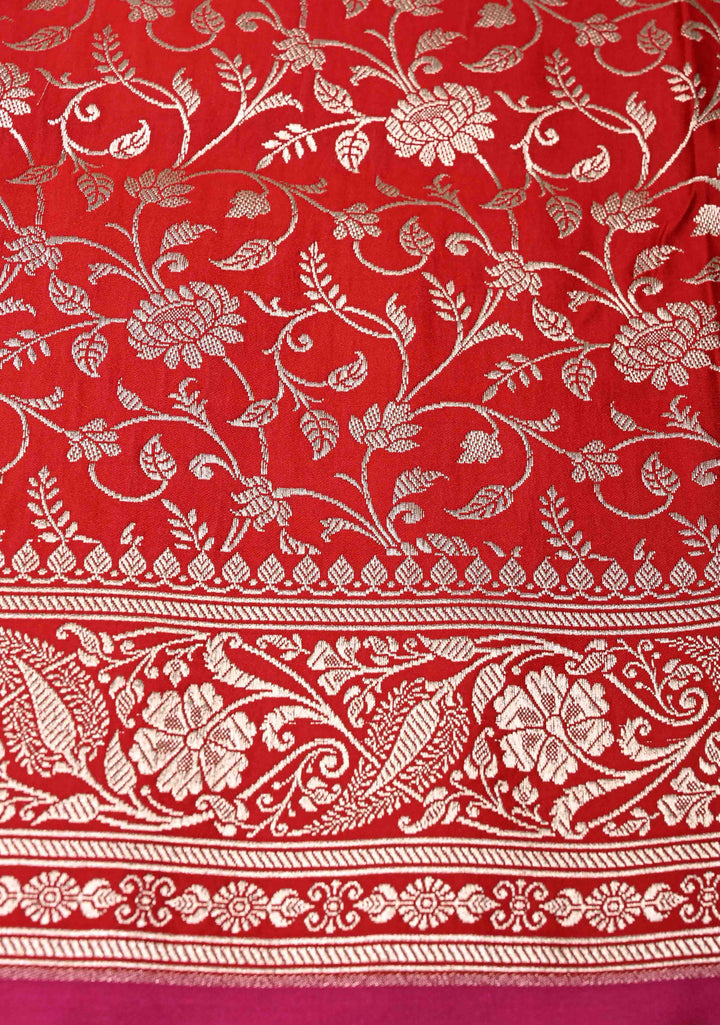 Blood Red Banarasi Semi Mashru Silk Saree with Silver Floral Zari Buttas and Zari Border | SHOBITAM