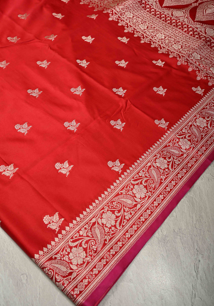 Blood Red Banarasi Semi Mashru Silk Saree with Silver Floral Zari Buttas and Zari Border | SHOBITAM