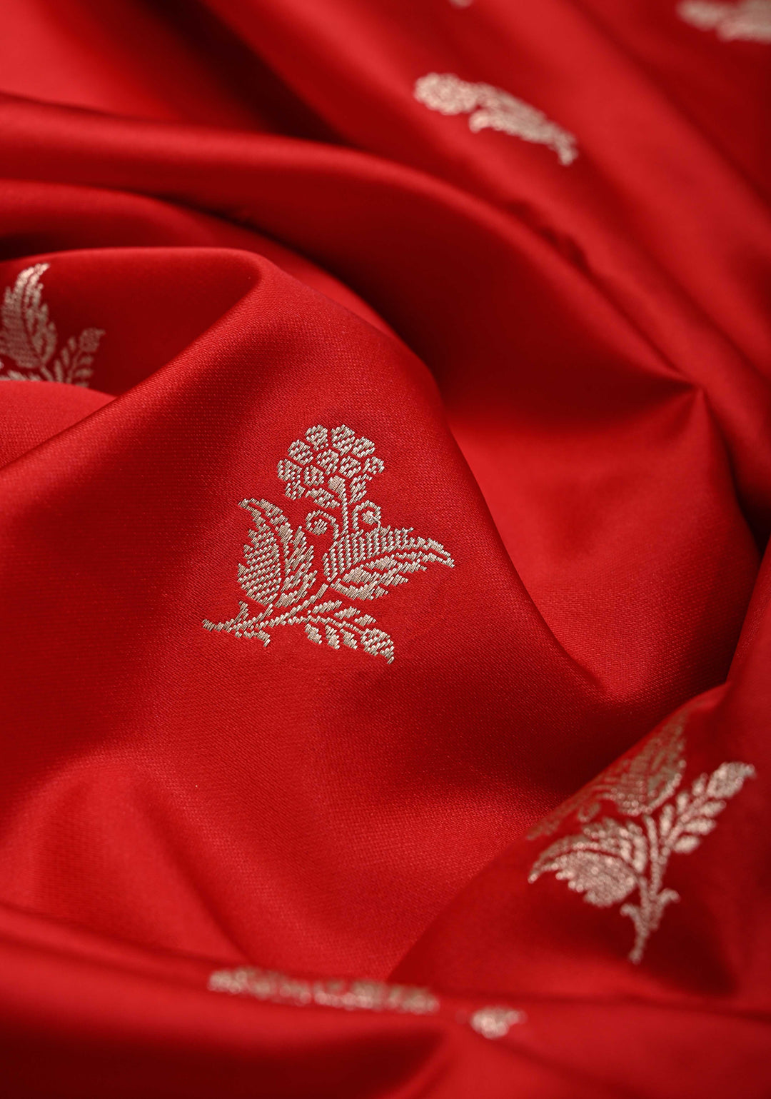 Blood Red Banarasi Semi Mashru Silk Saree with Silver Floral Zari Buttas and Zari Border | SHOBITAM