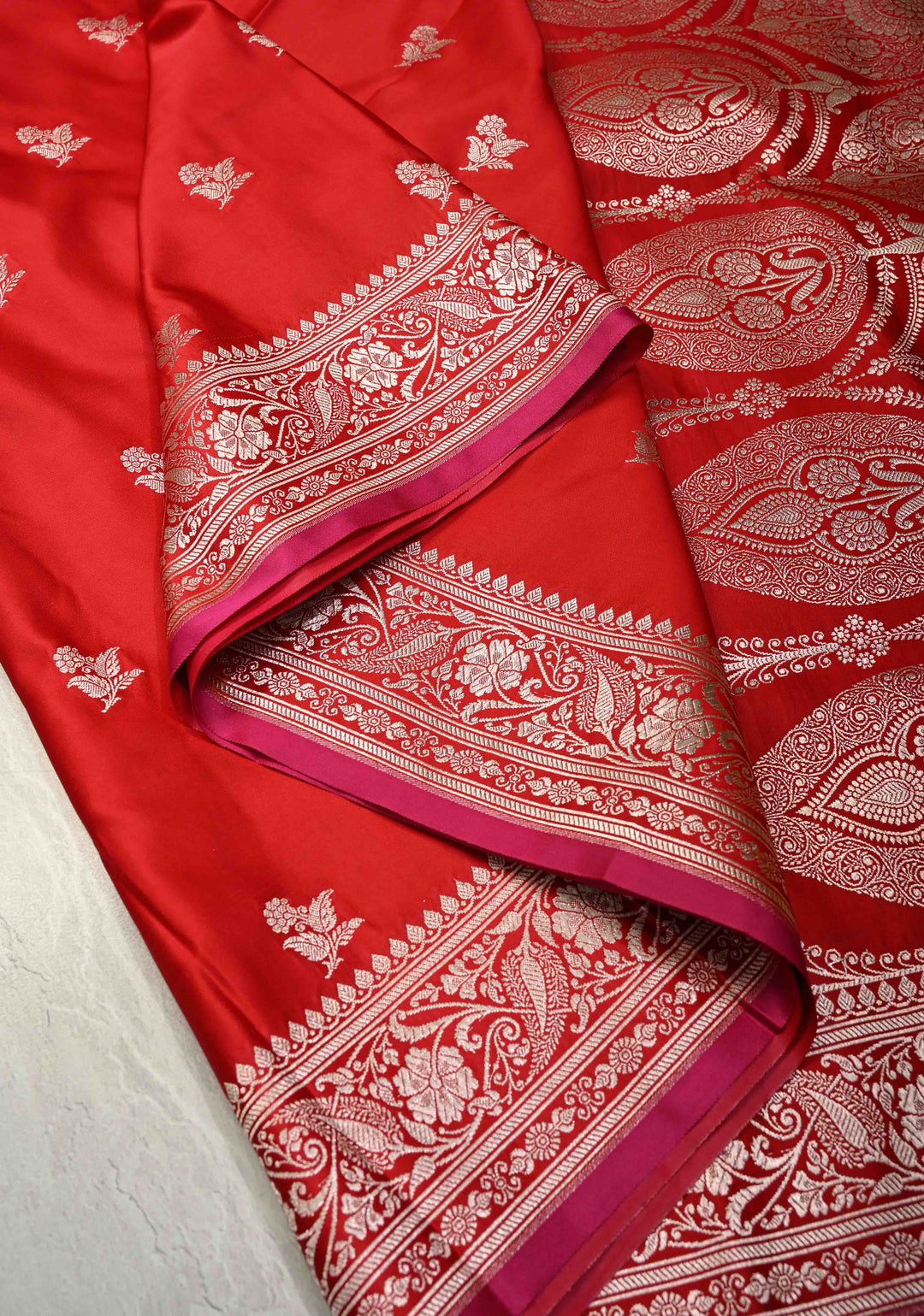 Blood Red Banarasi Semi Mashru Silk Saree with Silver Floral Zari Buttas and Zari Border | SHOBITAM