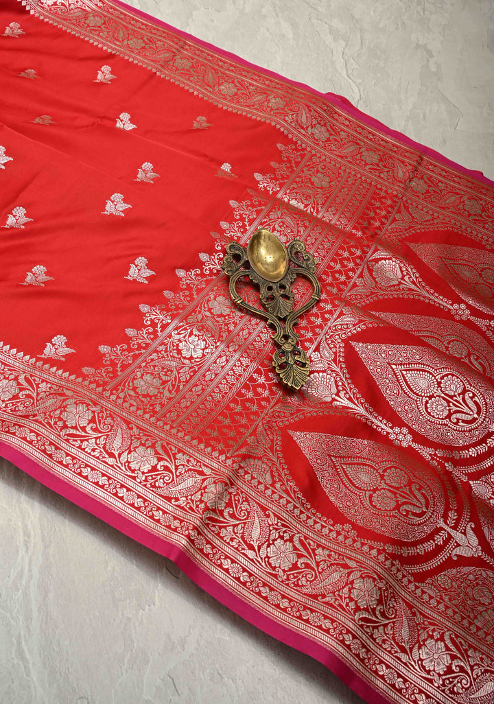 Blood Red Banarasi Semi Mashru Silk Saree with Silver Floral Zari Buttas and Zari Border | SHOBITAM
