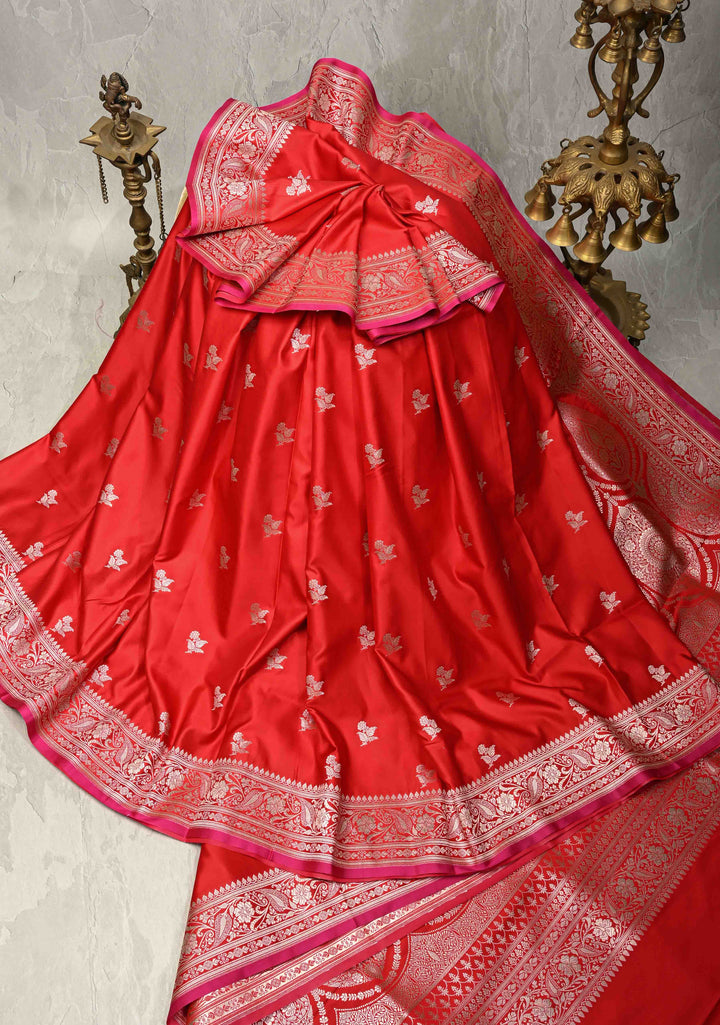Blood Red Banarasi Semi Mashru Silk Saree with Silver Floral Zari Buttas and Zari Border | SHOBITAM