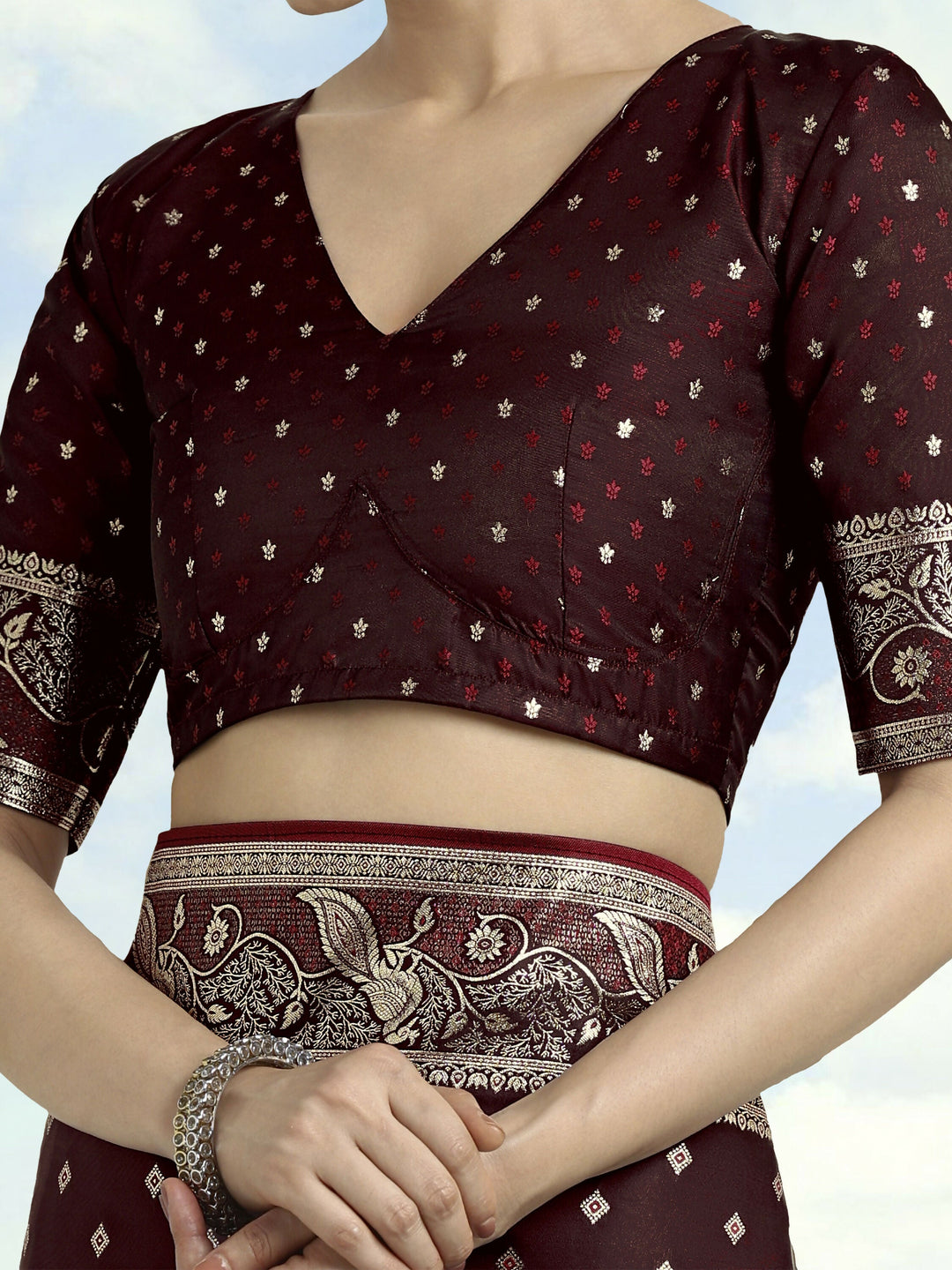 Maroon Woven Banarasi Satin Silk Saree | SHOBITAM