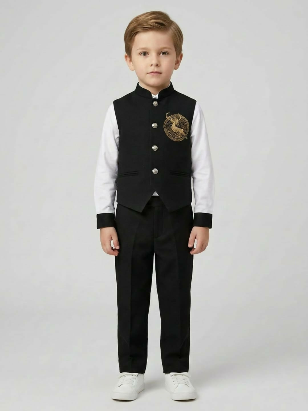 Boys Ethnic Black & White Waistcoat Suit Set with Shirt and Trousers | SHOBITAM