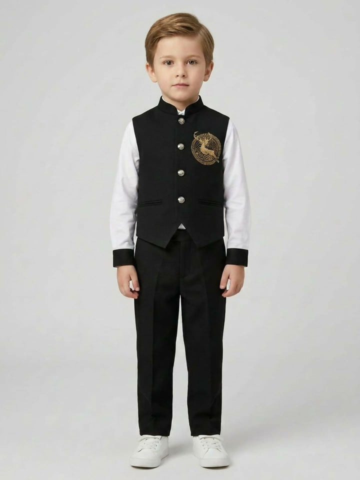 Boys Ethnic Black & White Waistcoat Suit Set with Shirt and Trousers | SHOBITAM
