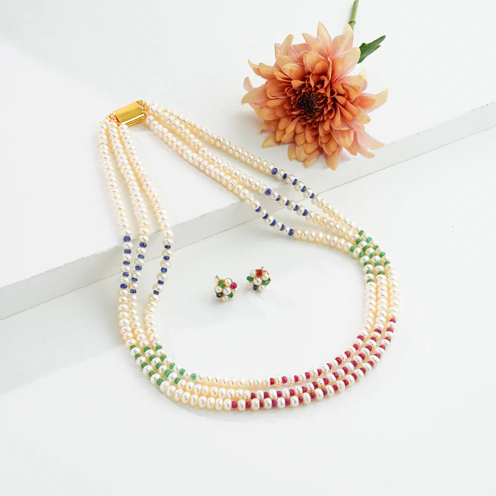 Natural Mix Ruby & Sapphire & Emerald And 5.0-6.0mm Button Freshwater Pearl Necklace Set - AA Quality