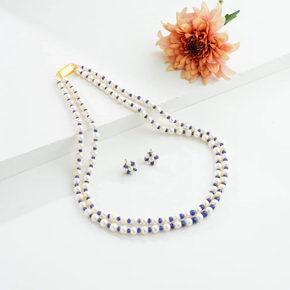 Natural Blue Sapphire And 6.0-7.0mm Near Round Freshwater Pearl Necklace Set - AA Quality