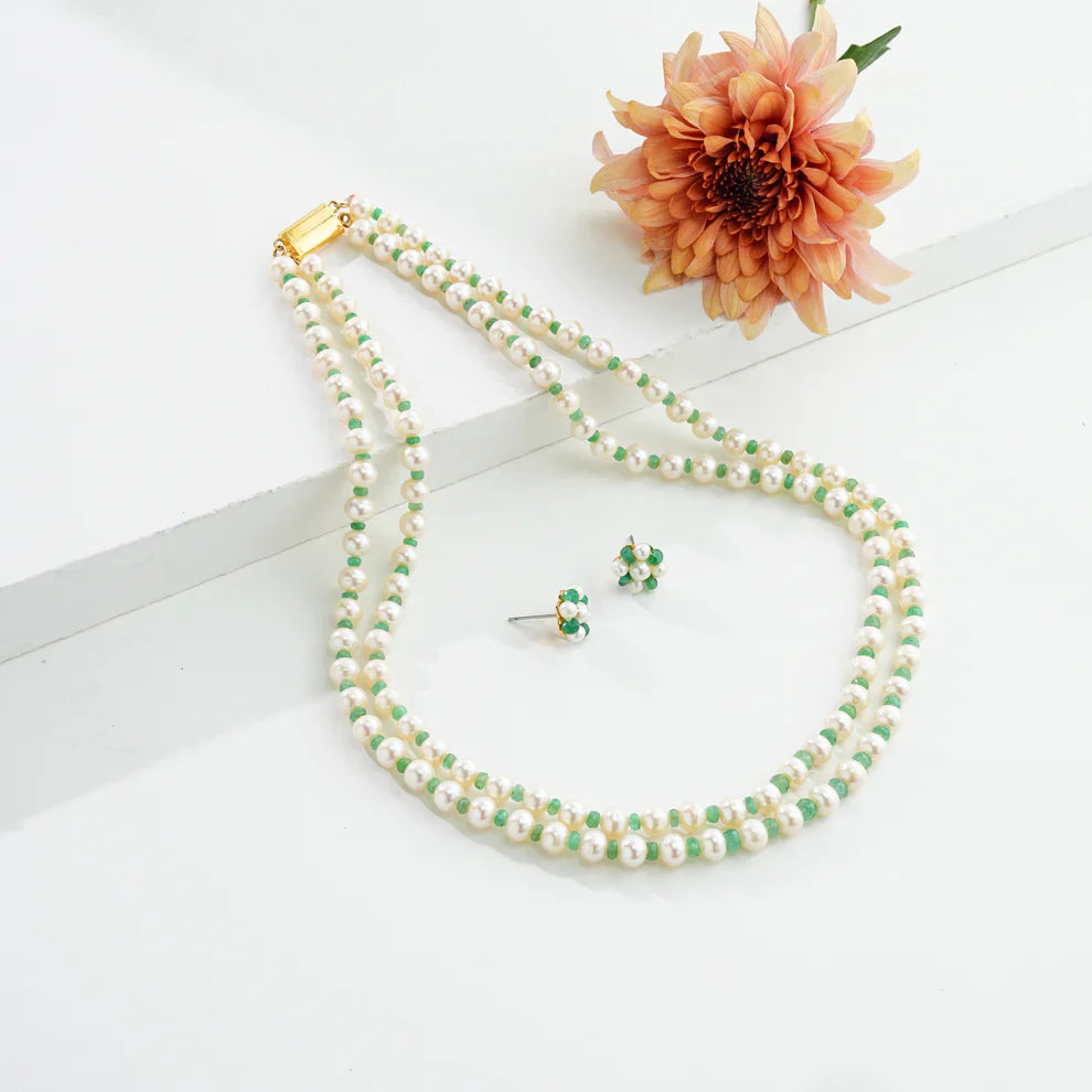 Natural Emerald With 6.0-7.0mm Near Round Freshwater Pearl Necklace Set-AA Quality