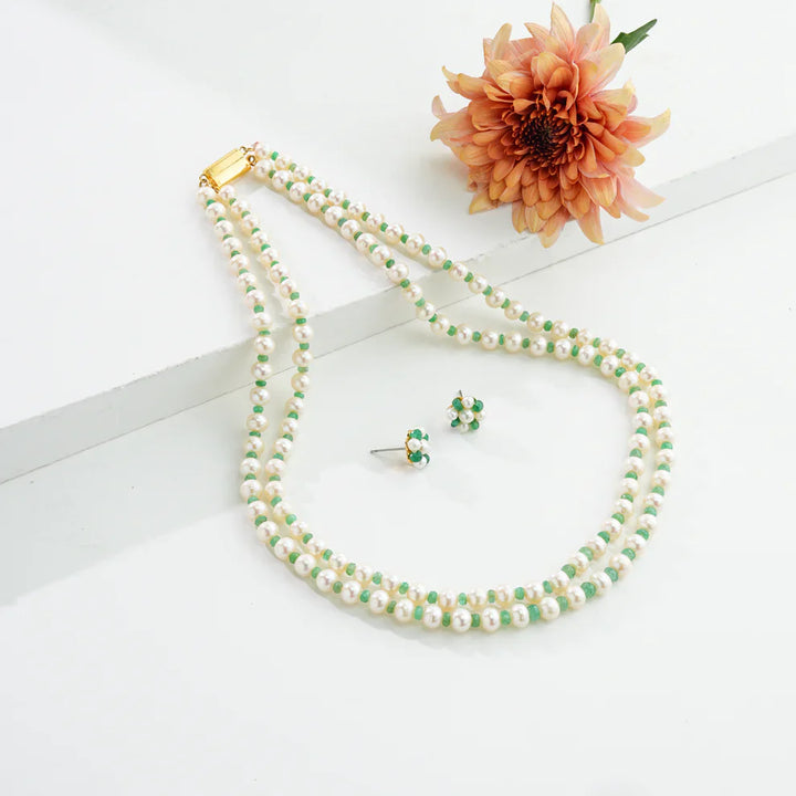 Natural Emerald With 6.0-7.0mm Near Round Freshwater Pearl Necklace Set-AA Quality