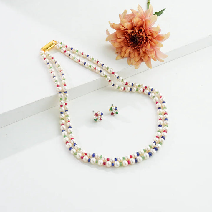 Natural Ruby & Emerald & Sapphire And 6.0-7.0mm Near Round Mix Freshwater Pearl Necklace set-AA Quality