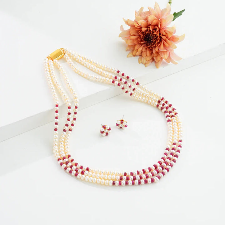Valuable Natural Ruby And 5.0-6.0mm Freshwater Pearl Necklace Set-AA Quality