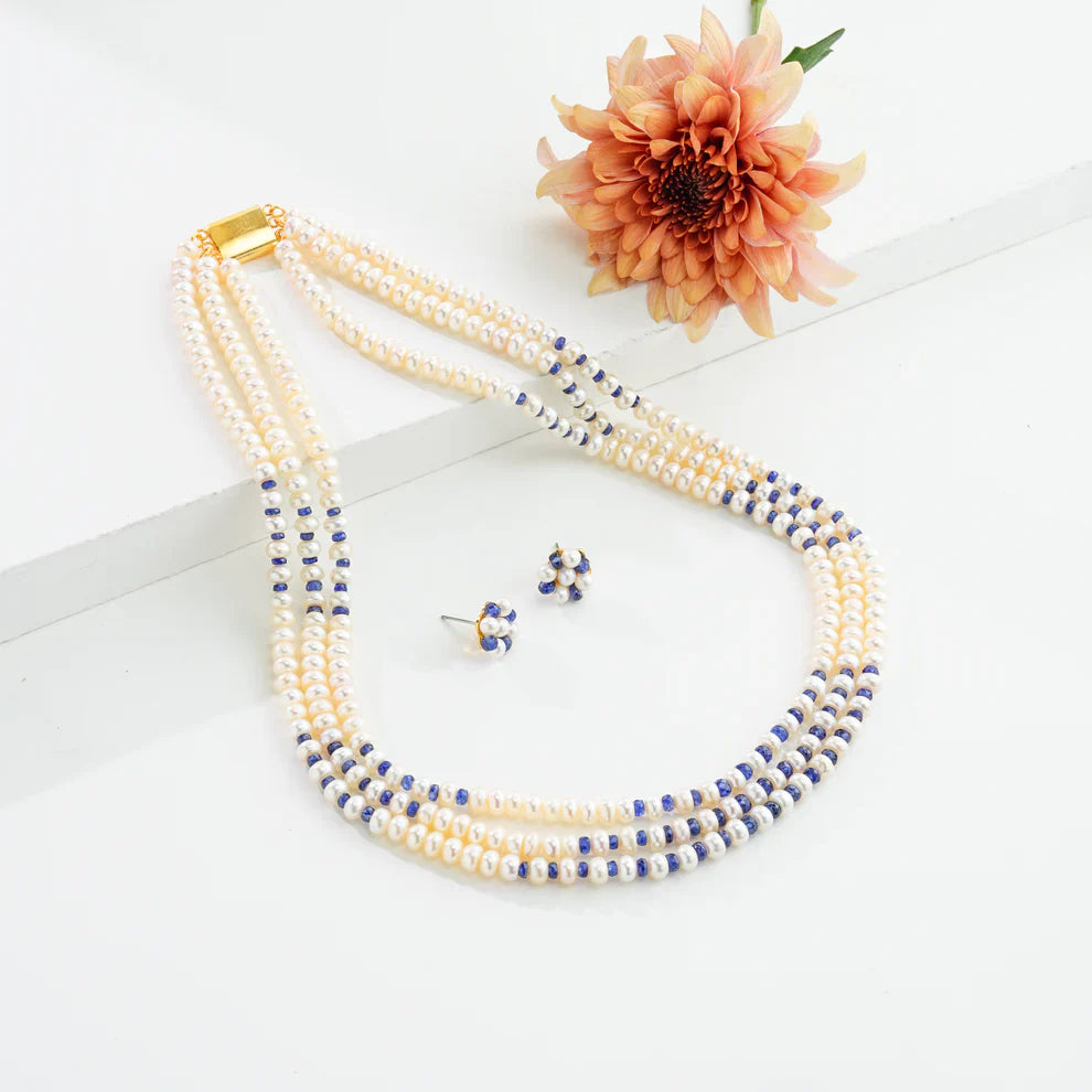 Natural Blue Sapphire And 5.0-6.0mm Button Freshwater Pearl Necklace Set - AA Quality