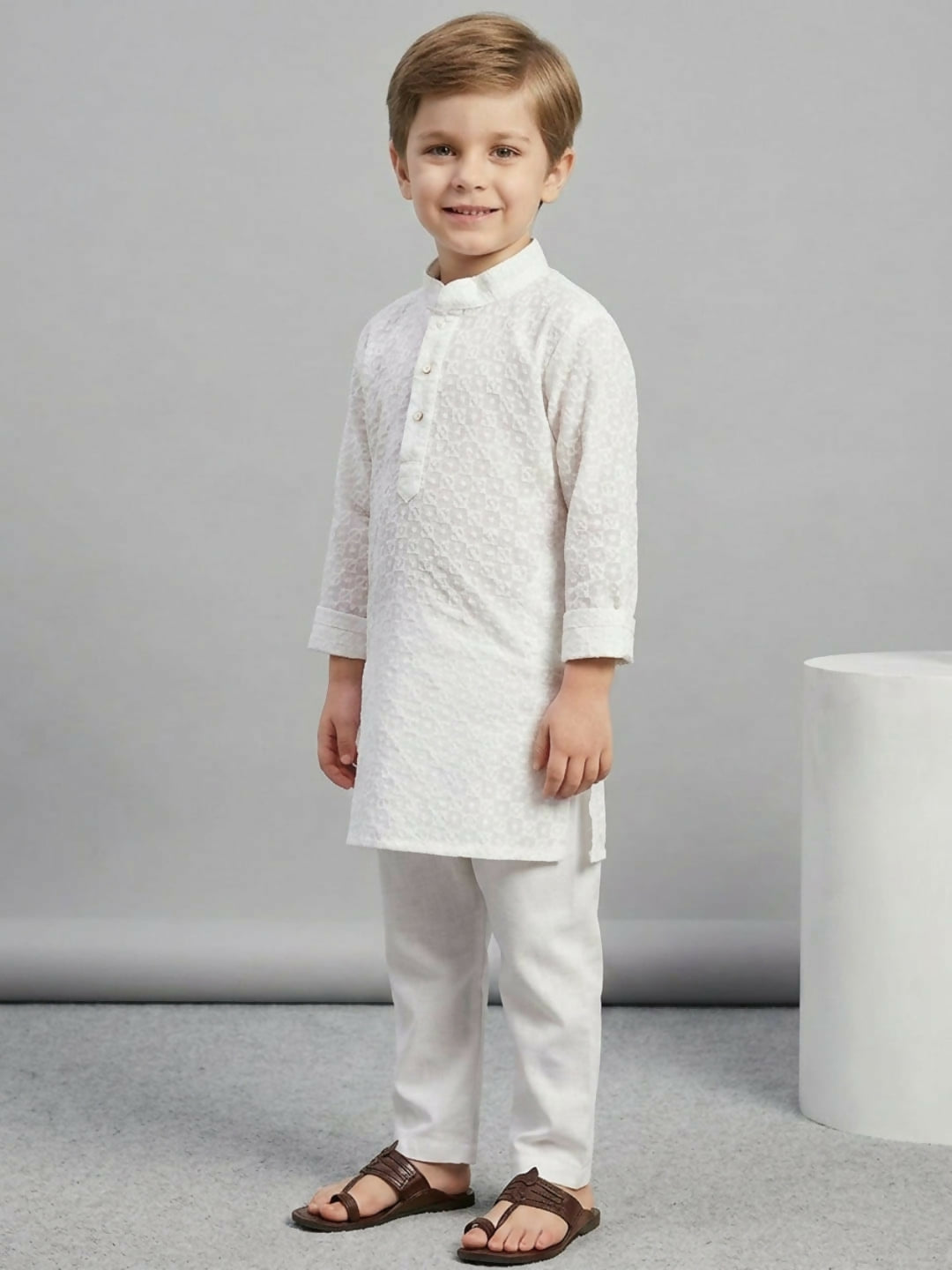 Boys Embroidered White Ethnic Wear Kurta Pajama Set | SHOBITAM