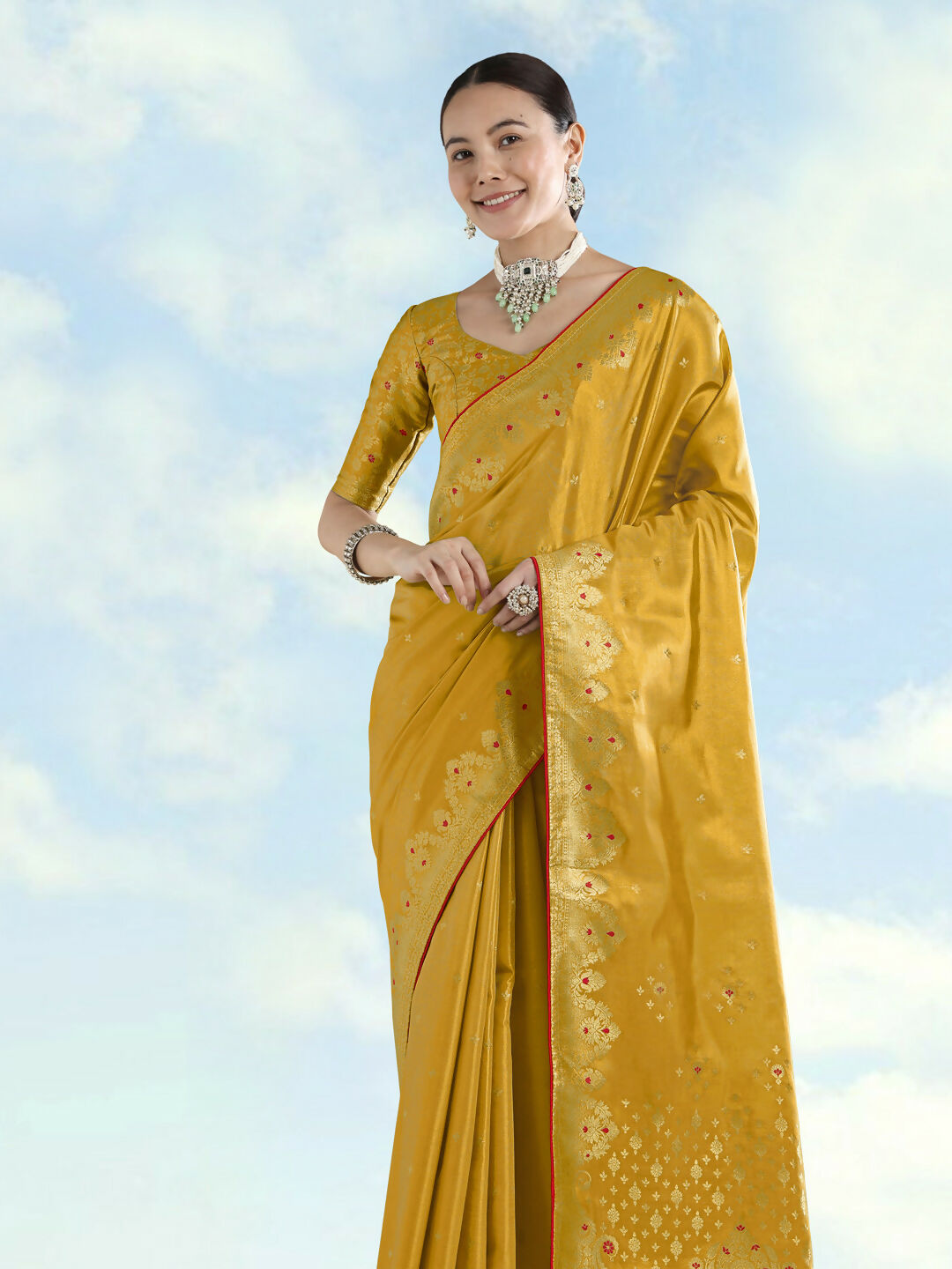 Mustard Color Paisley Zari Woven Semi Banarasi Tissue Silk Saree  | SHOBITAM