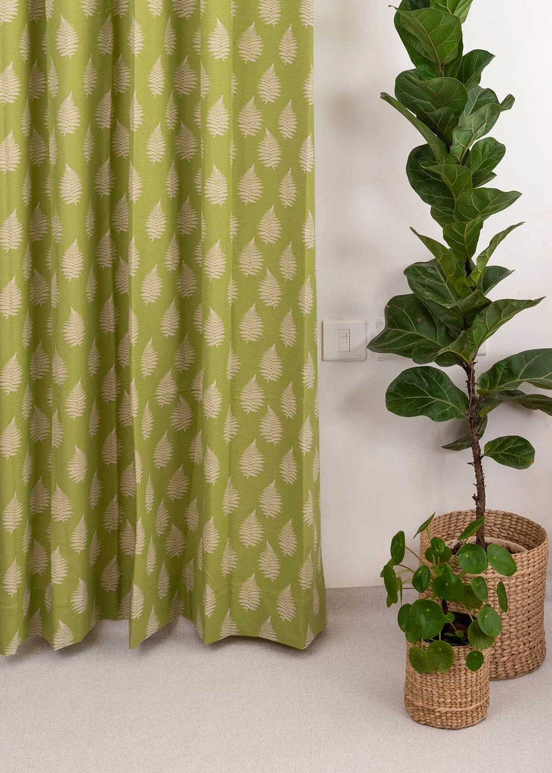 Ferns 100% cotton floral curtain for living room - Room darkening - Green - Single Piece | SHOBITAM