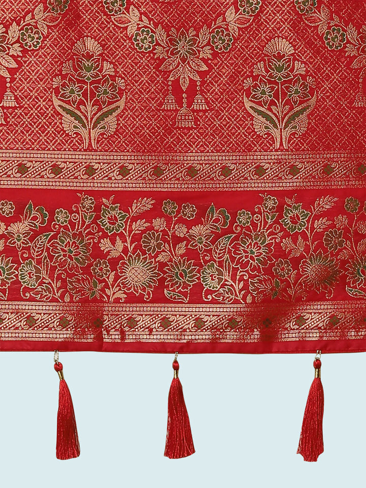 Red Semi Banarasi Satin silk Saree With Zari Border And Butti Work  | SHOBITAM