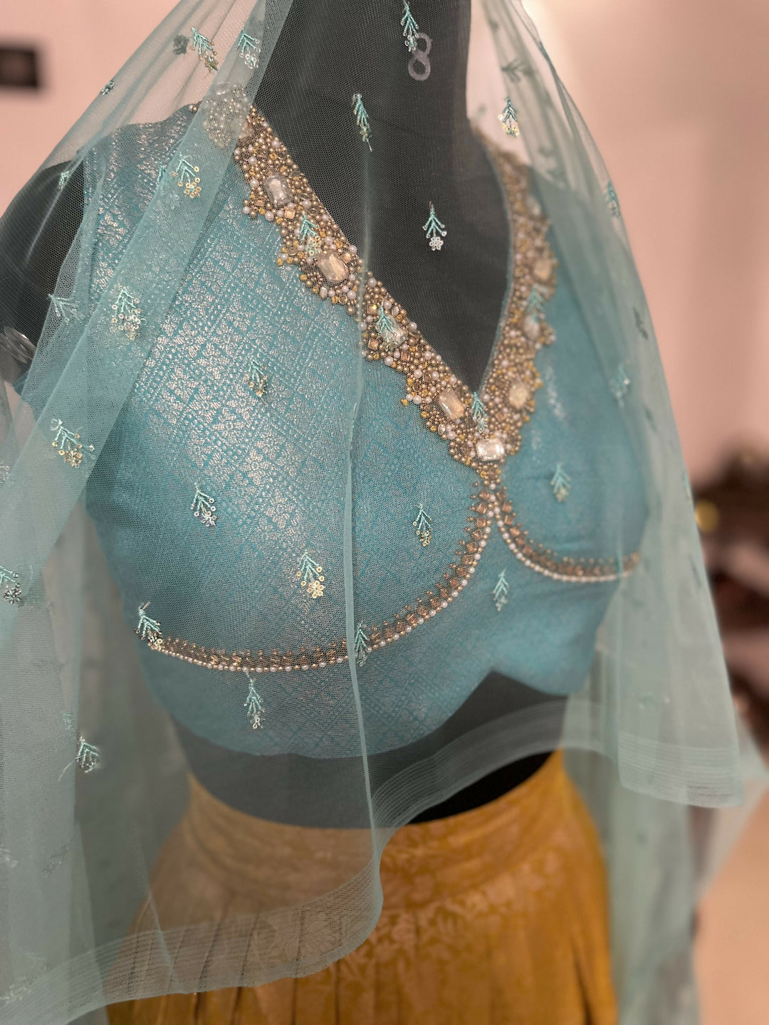 Mustard, yellow with Aqua blue Semi Kanchi lehanga Set