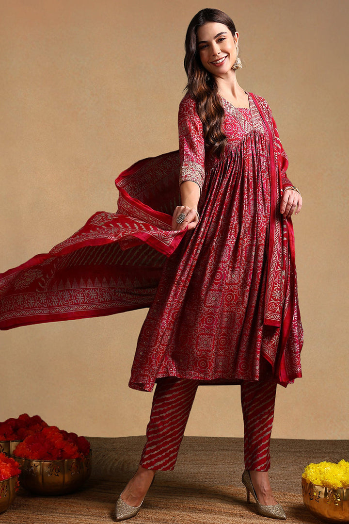 Maroon Silk Blend Ethnic Motifs Printed Flared Suit Set | SHOBITAM