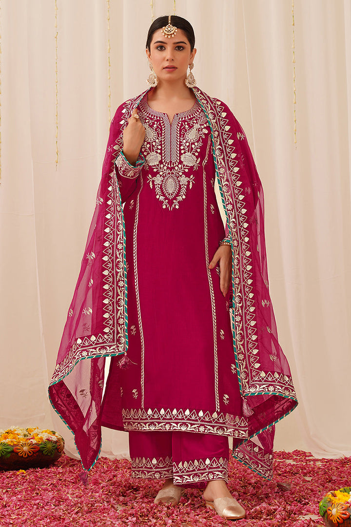 Pink Silk Blend Solid Yoke Design Straight Palazzo Suit Set | SHOBITAM