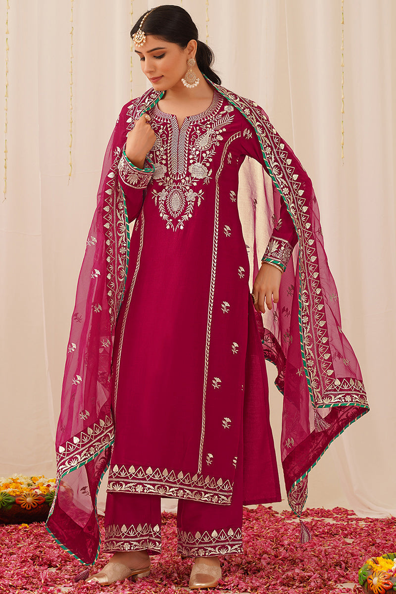 Pink Silk Blend Solid Yoke Design Straight Palazzo Suit Set | SHOBITAM