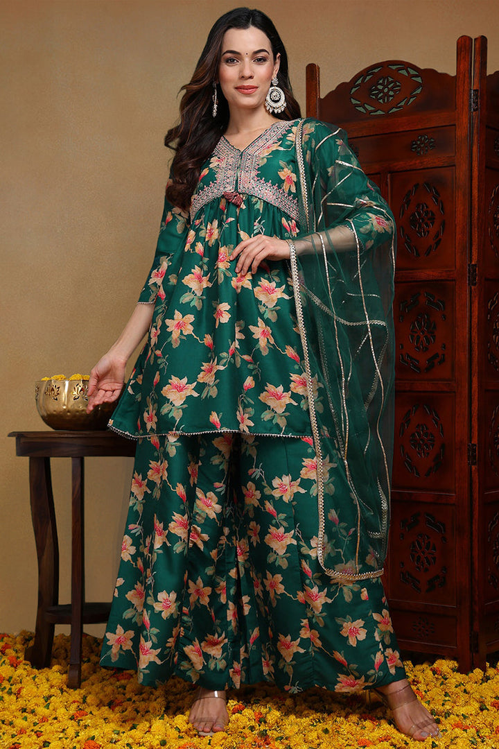 Green Chanderi Silk Floral A-Line Kurta Trousers With Dupatta | SHOBITAM