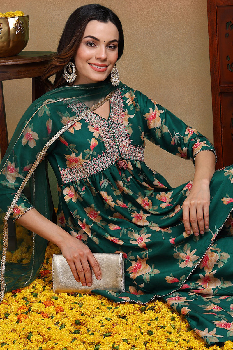 Green Chanderi Silk Floral A-Line Kurta Trousers With Dupatta | SHOBITAM