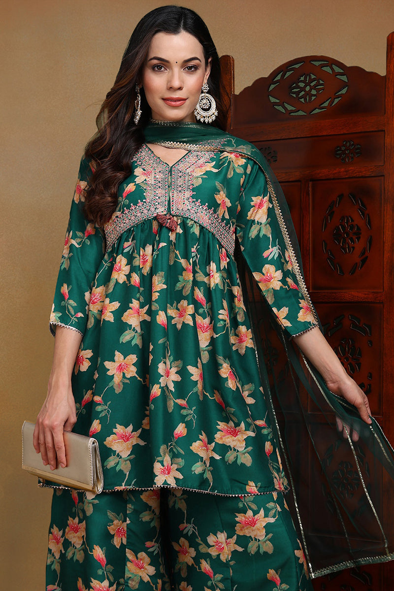 Green Chanderi Silk Floral A-Line Kurta Trousers With Dupatta | SHOBITAM