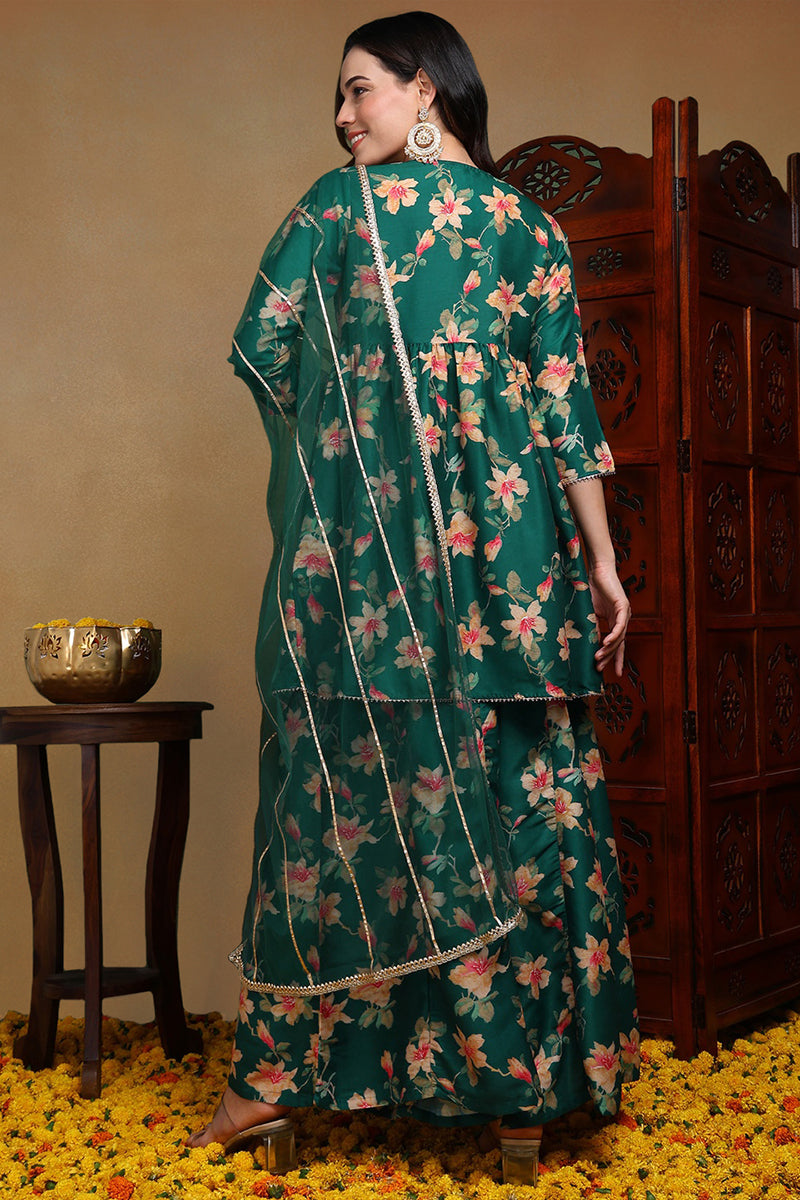 Green Chanderi Silk Floral A-Line Kurta Trousers With Dupatta | SHOBITAM