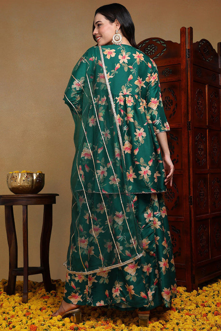Green Chanderi Silk Floral A-Line Kurta Trousers With Dupatta | SHOBITAM