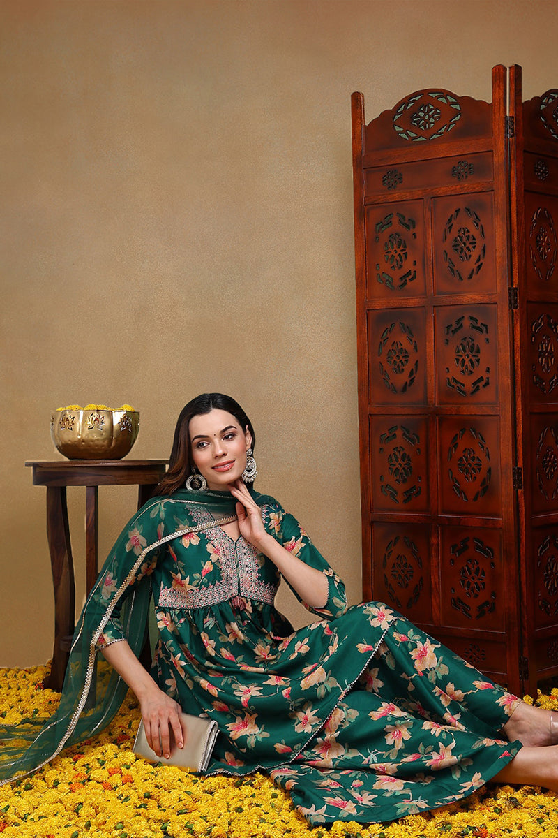 Green Chanderi Silk Floral A-Line Kurta Trousers With Dupatta | SHOBITAM