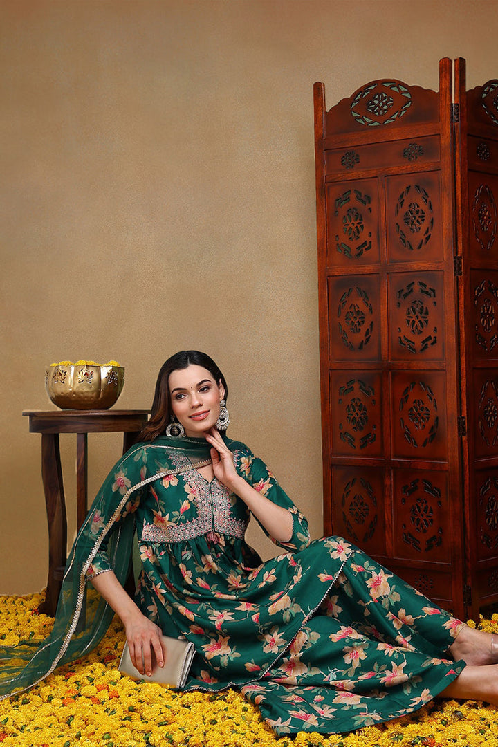 Green Chanderi Silk Floral A-Line Kurta Trousers With Dupatta | SHOBITAM