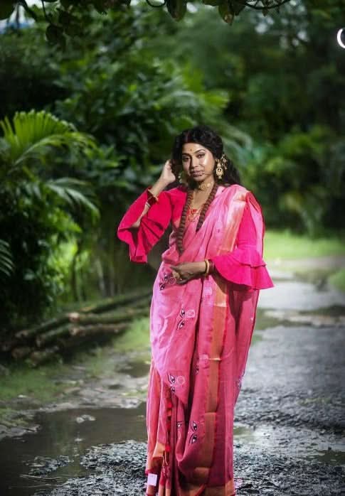 Coral Reddish Pink Linen Saree with Goddess Durga Embroidery | SHOBITAM