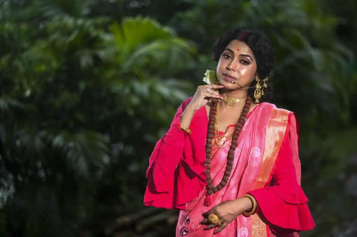 Coral Reddish Pink Linen Saree with Goddess Durga Embroidery | SHOBITAM