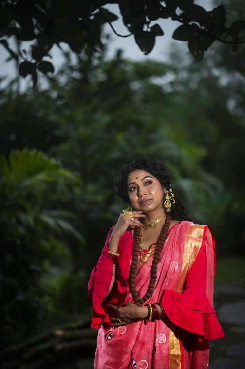 Coral Reddish Pink Linen Saree with Goddess Durga Embroidery | SHOBITAM