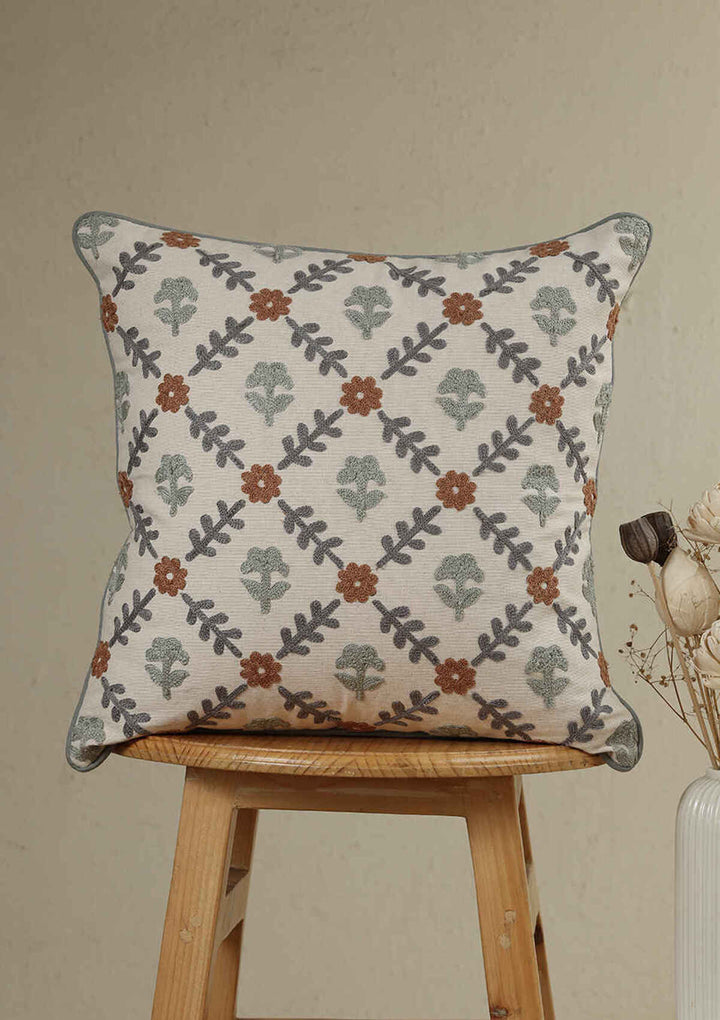 Flora Multicolor Embroidered 100% Cotton Cushion Cover For Sofa | SHOBITAM