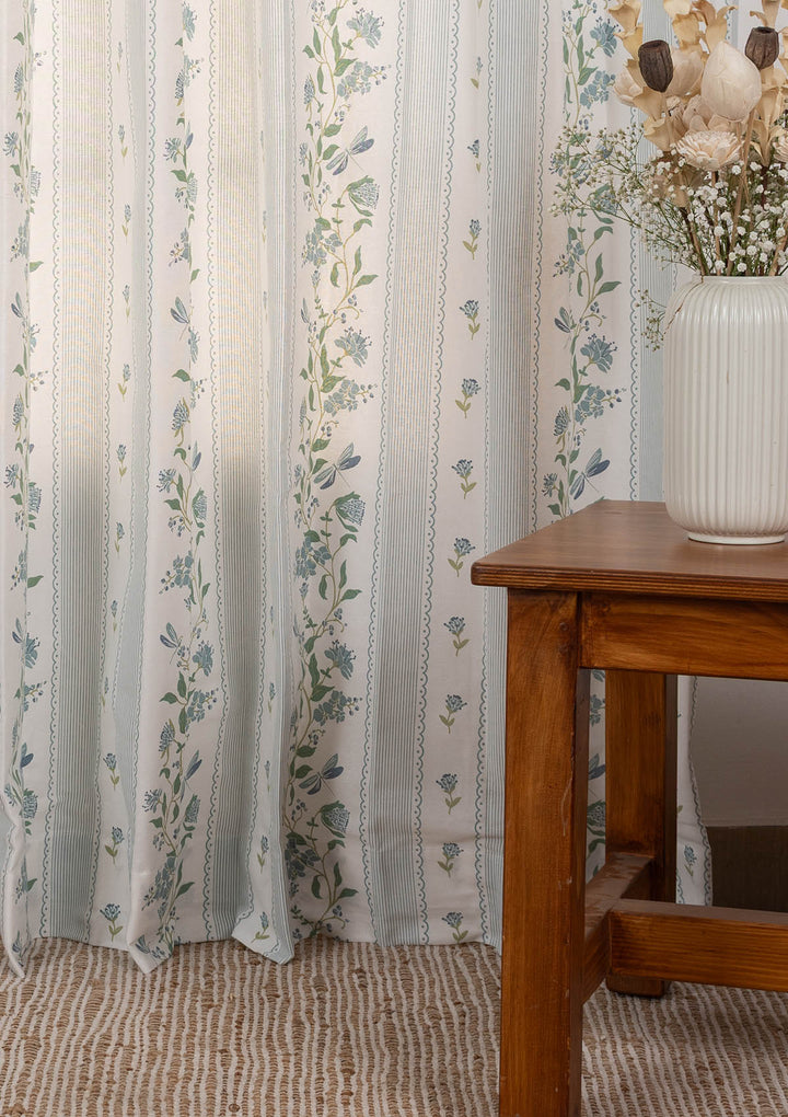 Flutter floral 100% cotton curtain for living room - Light Reduction - Nile Blue - Single Piece | SHOBITAM