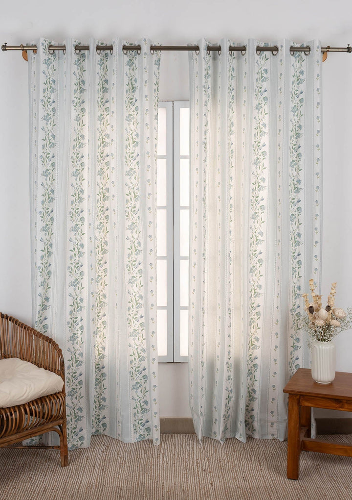Flutter floral 100% cotton curtain for living room - Light Reduction - Nile Blue - Single Piece | SHOBITAM