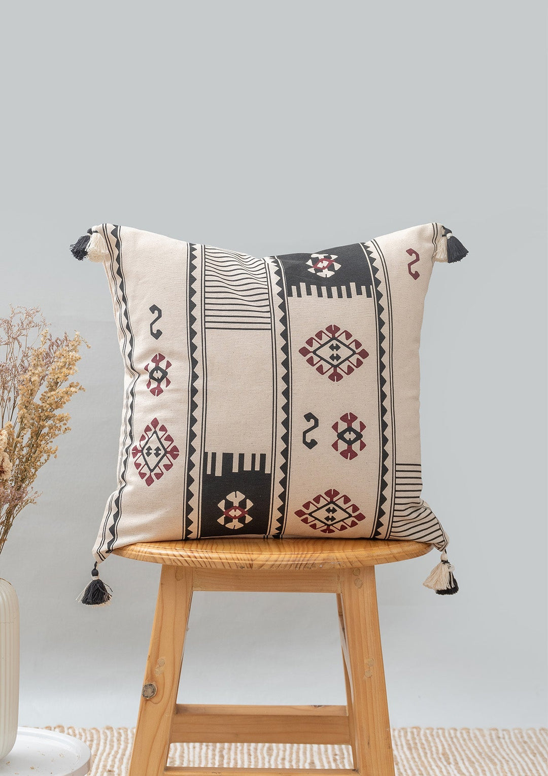 Folk Black Boho Geometric Cushion Cover – 100% Cotton 16" x 16" | SHOBITAM