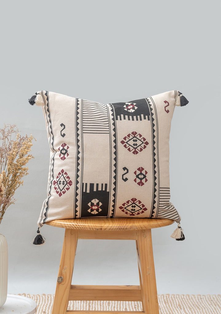 Folk Black Boho Geometric Cushion Cover – 100% Cotton 16" x 16" | SHOBITAM